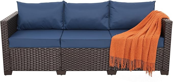 Rattaner 3-Seat Patio Wicker Sofa, Outdoor Rattan Couch Furniture Steel Frame with Furniture Cover and Deep Seat High Back, Blue Anti-Slip Cushion. Rattaner