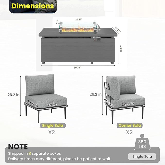Sundale Outdoor 5 Pieces Patio Furniture Set with Fire Pit Table, Metal Outdoor Sectional Sofa with 6" Olefin Cushion, Modern Outdoor Conversation Sets for Backyard, Poolside, Sunroom SundaleOutdoor
