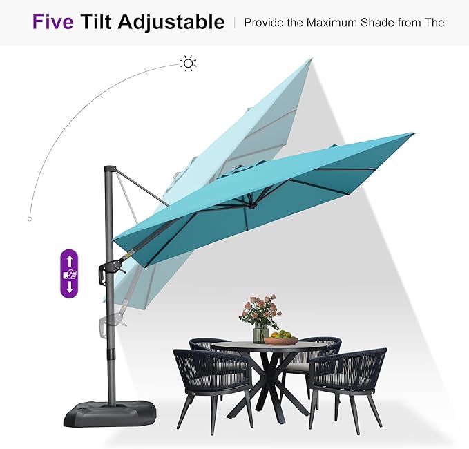PURPLE LEAF Cantilever Umbrella with Base 9 Feet Patio Outdoor Aluminum Offset Umbrella with 360-degree Rotation for Garden Deck Pool Patio Turquoise Blue PURPLELEAF