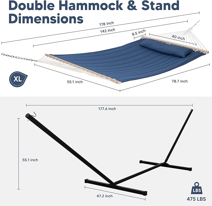 SUNCREAT 2 Person Free Standing Hammock with 15 ft Stand, 475 lbs Capacity, Backyard Hammock with Stand, Navy SUNCREAT