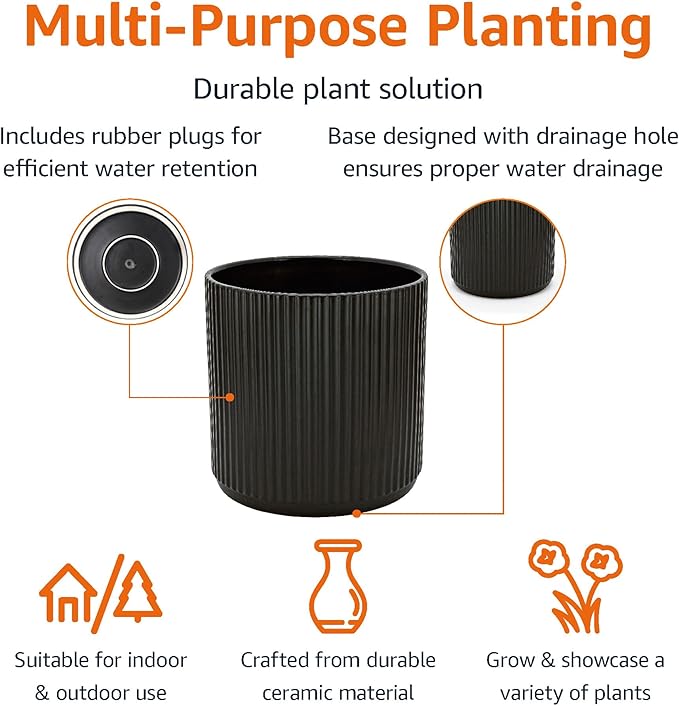 Amazon Basics Fluted Ceramic Round Planter, 10-inch, Black AmazonBasics