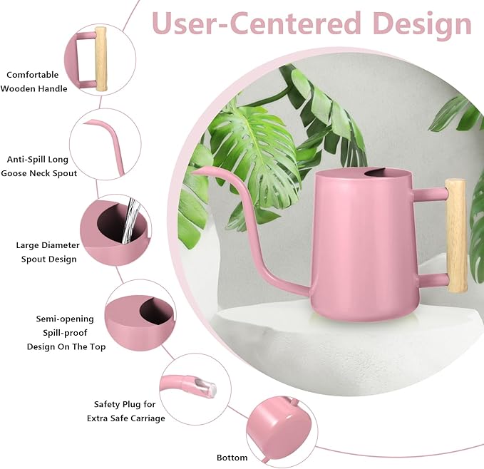 Watering Can Indoor Plants, 35oz Small Indoor Stainless Steel Metal Watering Can Modern Decorative Watering Pot with Long Spout for Indoor House Plant Bonsai Garden Flowers (Pink) GUKJOB