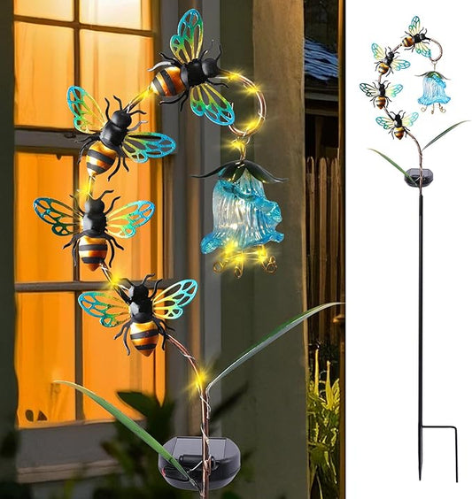 Afirst Decorative Solar Lights Outdoor Solar Bee Stake Light with Glass Flower Metal Decorative Garden Lights Outdoor Waterproof Stakes for Pathway Yard Lawn Decoration Mothers Day Mom Gifts Afirst