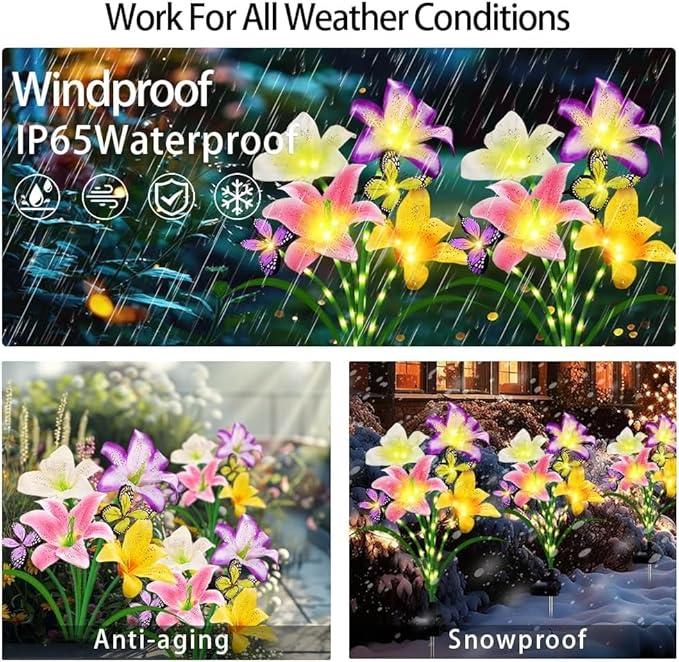 4 Pack Solar Garden Lights LED Solar Lilies Flower Lights, Yard Patio Pathway Decoration High Flexibility Copper Wire Handmade Silk Artificial Flowers Never Wither, Gift for Family, Friends yulloyello