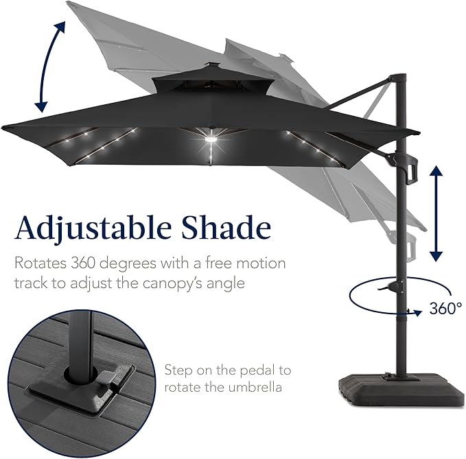 Best Choice Products 12x12ft LED Cantilever Patio Umbrella w/Base Included & 360° Rotation, Large Solar Offset Hanging Outdoor Sun Shade for Deck, Backyard Table w/Stand & Lights – Gray BestChoiceProducts