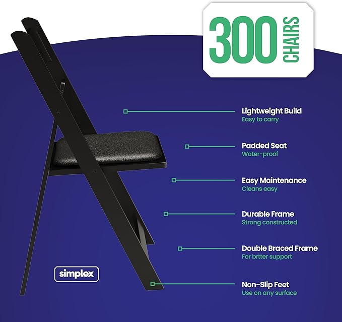 300 Black Resin Stackable Folding Chair - Comfortable Black Foldable Chair - Folding Chairs with Padded Seats - Indoor/Outdoor Folding Chairs for Events - Lightweight Foldable Chairs (300 Pack) Simplex