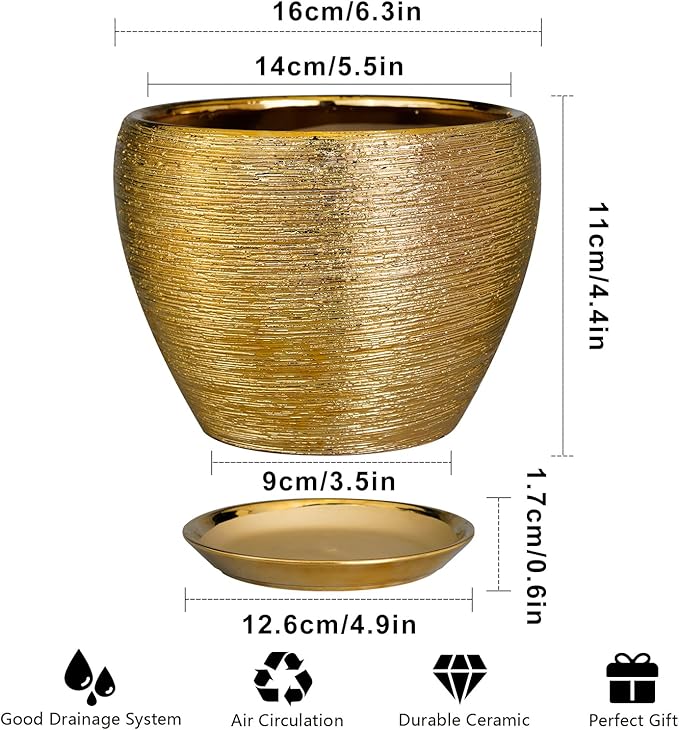 Indoor Plant Pot 6 Inch - Ceramic Pot for Plants Outdoor Planter with Drainage Hole and Saucer Round Decorative Planter Modern Flower Pot for Home Decor Gold Ceramicfor