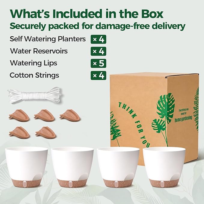 T4U 4 Pack 6 Inch Self Watering Pots - Water Level Indicator & Deep Reservoir, Mess-Free Planter for Busy People, Beginners & Gardeners, Fit Herbs/Pothos/Succulents Plants, Indoor Outdoor Use (White) T4U