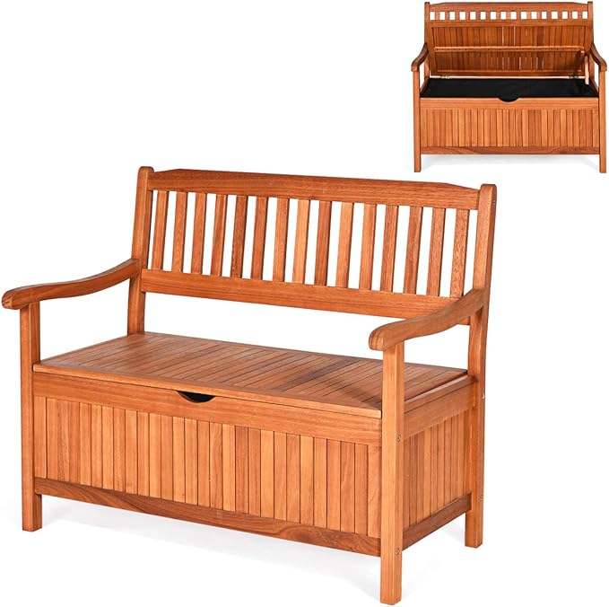 Tangkula Outdoor Wood Storage Bench Deck Box, Entryway Porch Storage Bench with Inner Removable Dust-Proof Lining & Portable Handles, Eucalyptus Wood Loveseat for Garden, Lawn, Balcony & Yard TANGKULA