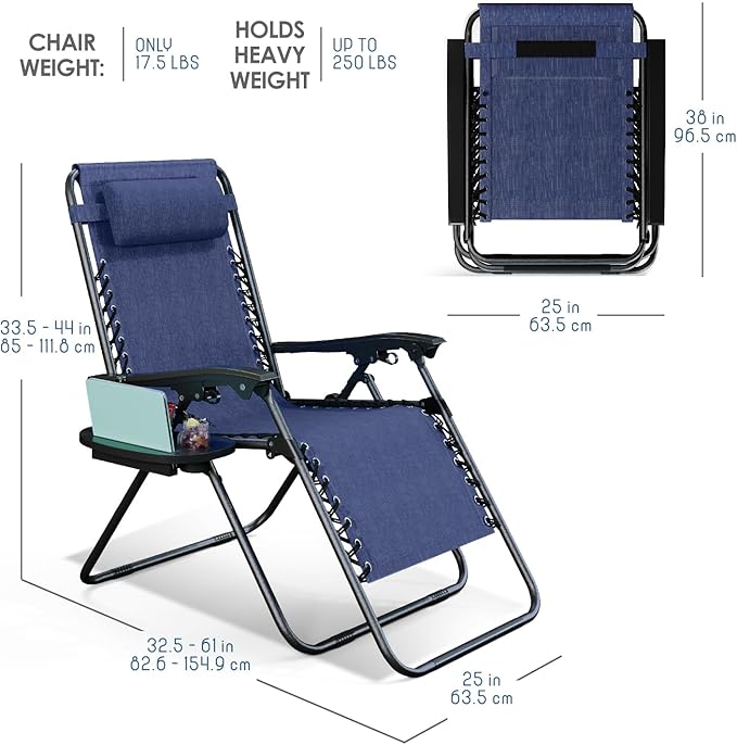 Nestl Zero Gravity Chairs Set of 4, Patio Lounge Chair Outdoor with Pillows & Cup Holder Trays, Adjustable Steel Mesh Reclining Camping Chair, Folding Patio Lawn Chair for Deck, Beach, Yard - Blue Nestl