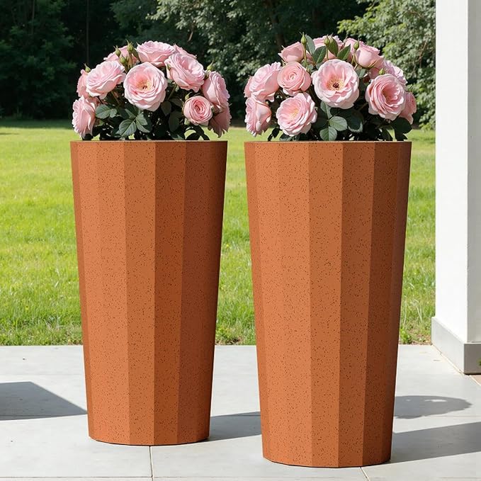 23.6" Tall Outdoor Planters Set of 2, Large Planters for Outdoor Plants for Porch Decor with Drainage Hole, Wide Stripe Design Porch Flower Pots for Indoor Pot Patio/Garden, Terracotta Outdoorchairs