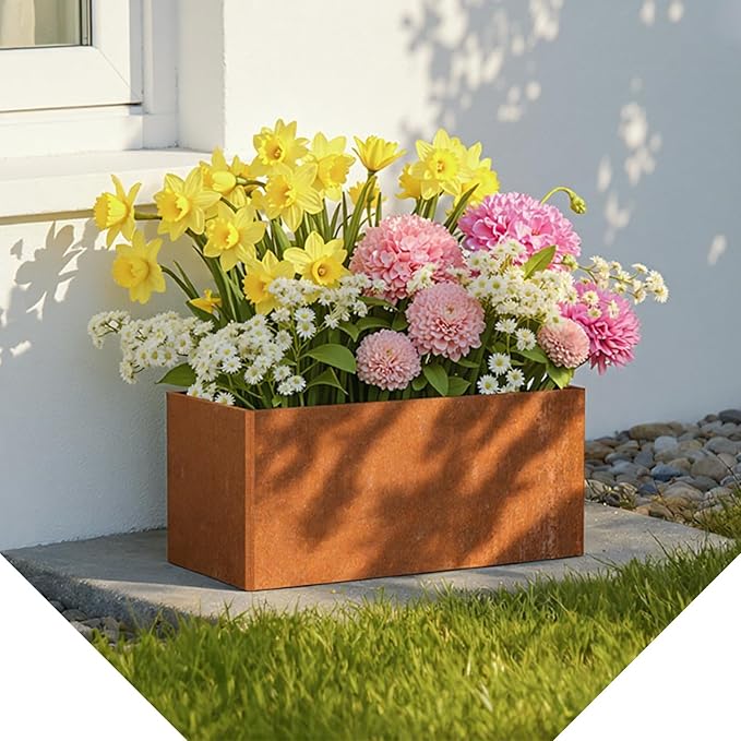 Metal Planter Box - 25x11x13H Inch, Co rten Steel Planter for Patio, Garden, Porch - Brown Ganeekiron