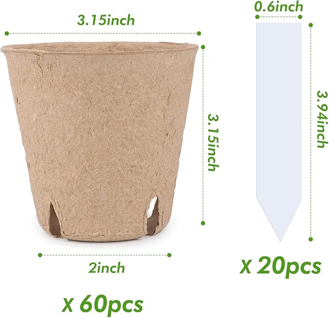 homenote Peat Pots, 60 Pcs 3.15 Inch Seed Starting Pots with Drainage Holes, Round Nursery Plant Pots with Bonus 20 Plant Labels HOMENOTE