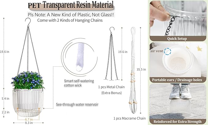 Melphoe Self Watering Hanging Planters for Indoor Plants, 1 Pack 8.3 Inch Outdoor Hanging Plant Pot Basket, 2 Kinds of Hangers Macrame 35.5’’ & Metal Chain 19.6’’ for Garden Home Decor Melphoe