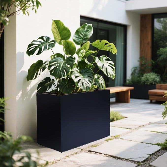 Metal Planter Box Rectangular Block - Modern Outdoor Galvanized Steel Long Box Planters All-Weather Use with Drainage Holes for Patio/Porch, 35.5×24×12IN Zezgeuro
