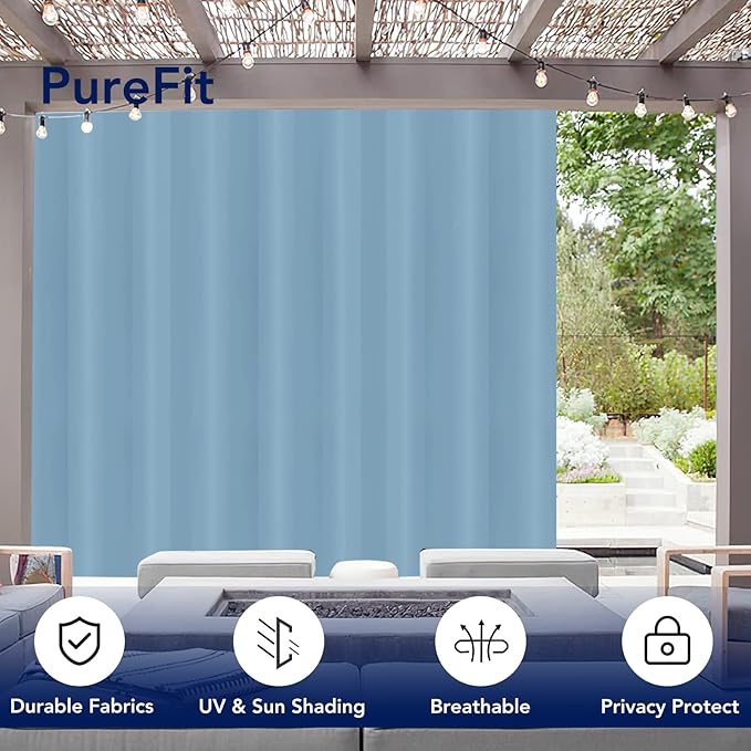 PureFit Outdoor Curtains for Patio Waterproof Weatherproof, UV and Fade Resistant Outside Curtains for Gazebo, Front Porch, Pergola, Sun Blocking Privacy Curtain, 120W x 95L inch, 1 Panel, Sky Blue PureFit