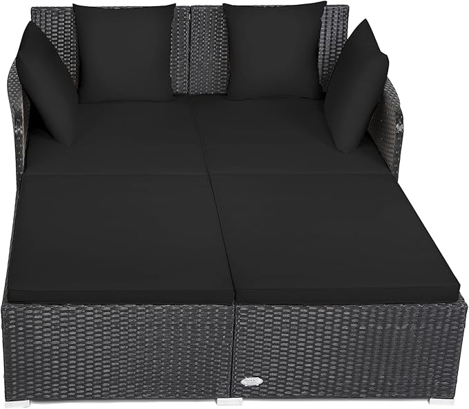 Tangkula Outdoor Rattan Daybed, Wicker Furniture with Spacious Seat, Upholstered Cushion & High-Resilience Sponge, Patio Sofa Set with 4 Pillows, 2-Person Sunbed for Poolside Backyard Garden & Balcony TANGKULA