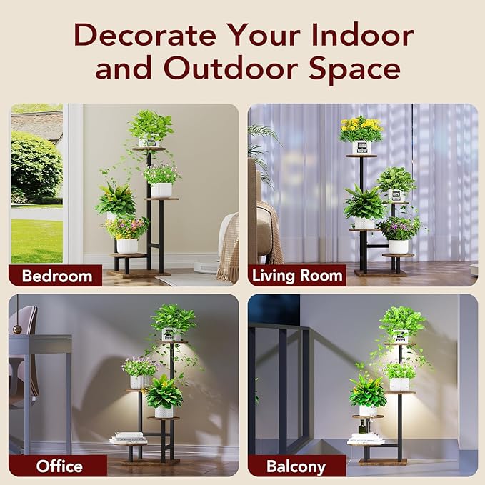 Plant Stand Indoor with Grow Light,4-Tiered Tall Plant Stand Indoor, Metal Plant Shelf with Adjustable Light, Ideal for Living Room, Garden, Patio (Black Brown) Homsorout