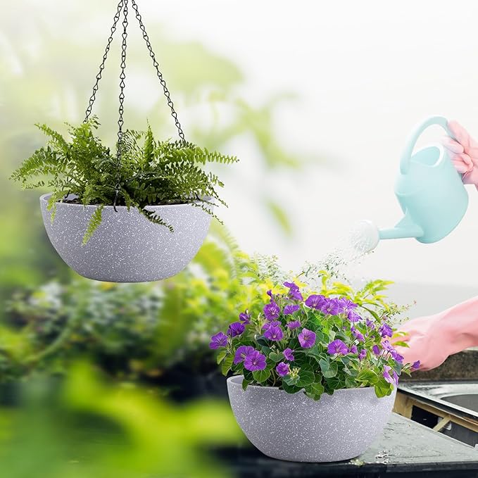 10 inch Hanging Planters for Outdoor Indoor Plants with Drainage Holes and Chain, 2 Pack Round Hanging Flower Plant Pots for Garden Home Porch Decor, Speckled Grey WSMKSZ