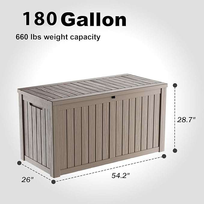 180 Gallon Outdoor Storage Box, Large Resin Deck Box for Patio Furniture Cushion Garden Tools, Waterproof and Lockable Design(Gray) Rootora