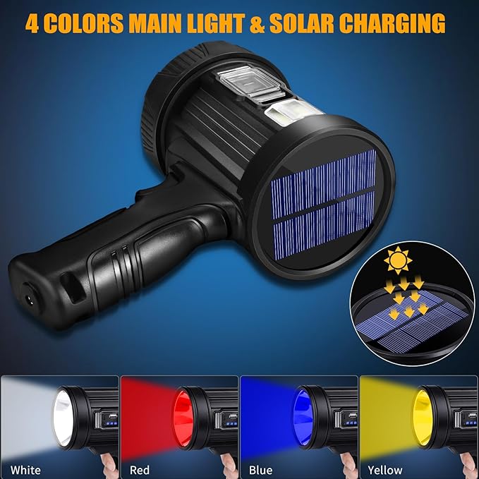 Rechargeable Spotlight, 99000 Lumens Bright LED Spotlight Flashlight, Long Running Spot Light Searchlight, Outdoor Handheld Spotlights with Solar Panels for Hunting,Camping,Boat,6 Spotlight Modes Sigoobal