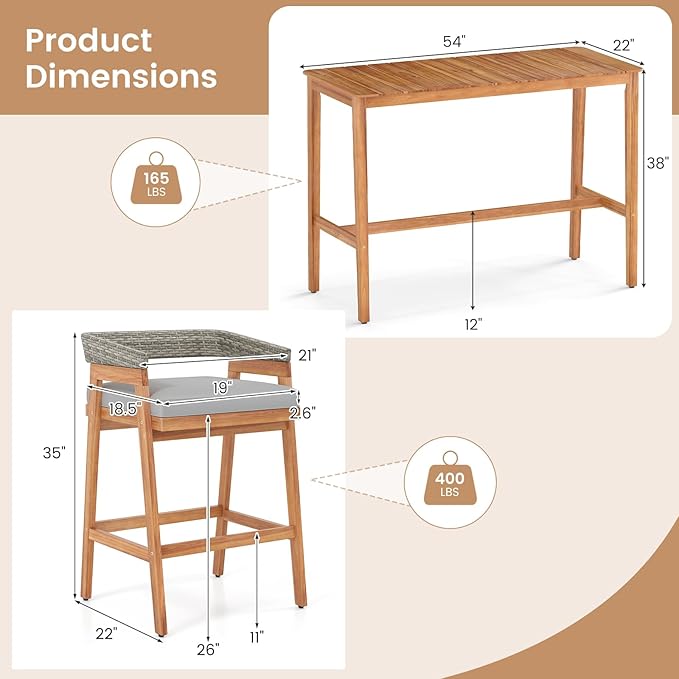 Tangkula 3 Piece Patio Bar Set, Outdoor Acacia Wood Counter Height Table with 2 Cushioned Barstools with Curved Rattan Back and Footrest, for Backyard, Poolside, Balcony TANGKULA