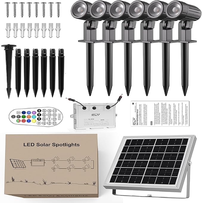 CLY Solar 6 in 1 RGB Spotlights Outdoor Garden, 10 Colors 12 Modes Solar Garden Floodlight Landscape Spotlights IP66 Waterproof 59.06ft Cable Spike Light for Lawn, Patio, Balcony CLY