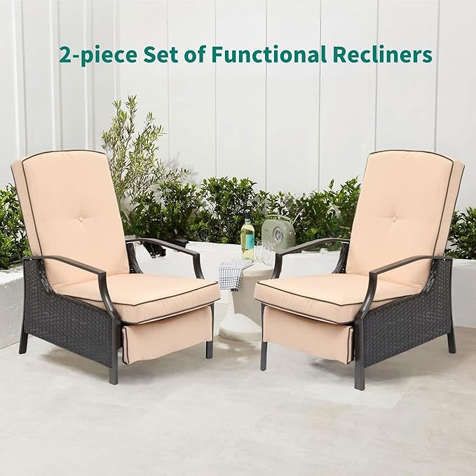 YITAHOME Outdoor Recliner Chair, 2-Piece Patio Adjustable Wicker Reclining Lounge Chairs, Dual-use Rattan Furniture Set with Soft Thick Cushions, Extended Footrest, Flip Back, Brown & Beige YITAHOME