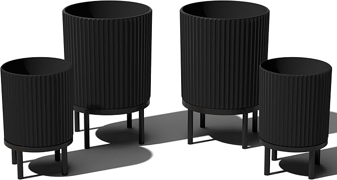 Veradek Demi Series Round Planter w/Stand for Porch/Patio | Durable Plastic-Stone Composite & Wooden Stand | Modern Décor for Tall Plants, Flowers VeradekOutdoor