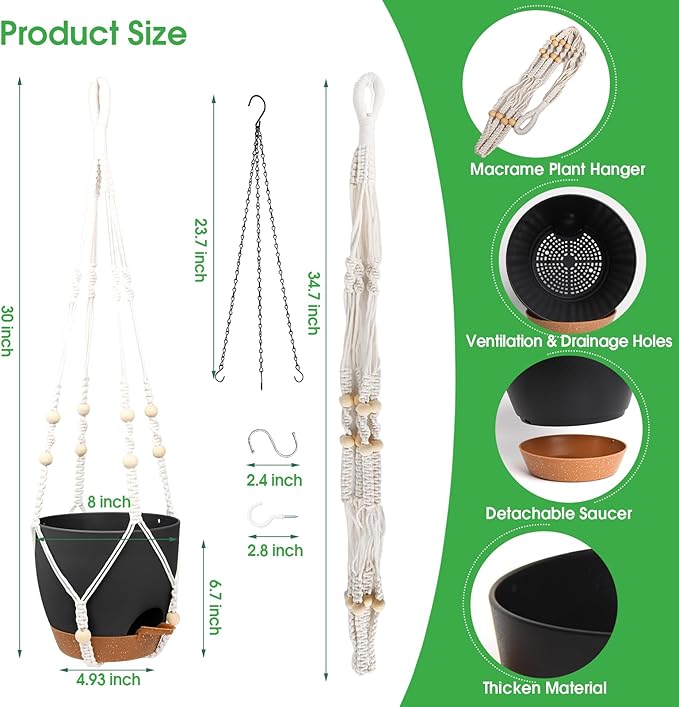 Hanging Planters for Indoor Outdoor Plants, 2 Pack Self Watering Hanging Pot with Drainage Holes, Removable Tray & 2 Kinds of Plant Hangers, 8'' Hanging Flower Pots for Home Garden Decor, Black Vanslogreen