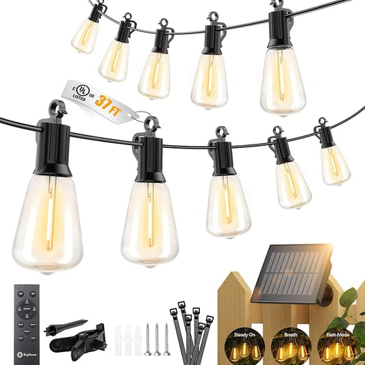 Brightown 37FT Solar String Lights Outdoor Waterproof, Patio Lights with Remote and 10+1 LED Shatterproof Bulbs, Dimmable & Timable, 3 Light Modes, Solar Lights Outdoor for Yard Camping Party Outside Brightown
