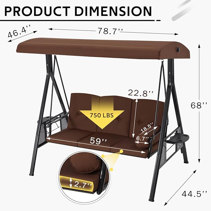 U-MAX 3-Seat Porch Swing Chair Steel Frame, Patio Swing Chair with Stand and Removable Cushions, Outdoor Canopy Swing Chair for Outside, Backyard, Garden, Brown Cushion U-MAX