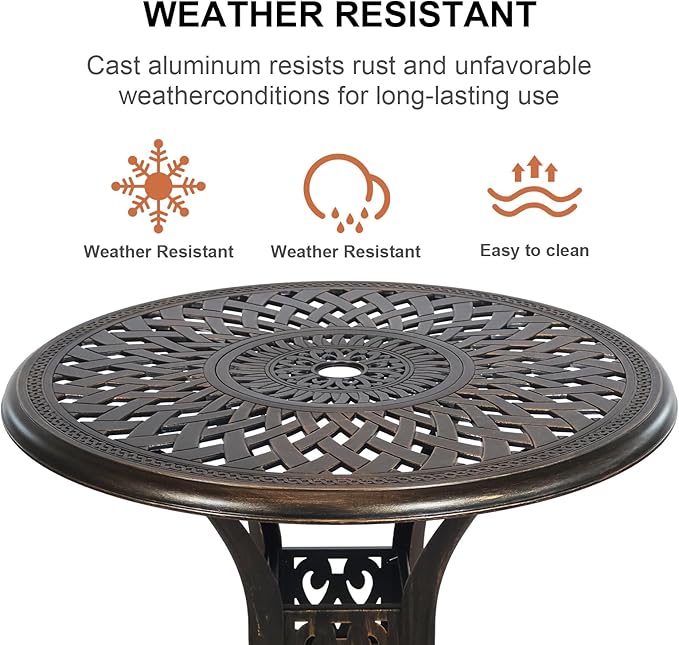 30.31" Outdoor Patio Dining Table, Cast Aluminum Patio Bistro Table, Round Patio Metal Table, Patio Furniture Set with 2.36" Umbrella Hole for Balcony Lawn Garden Backyard PATIO-IN