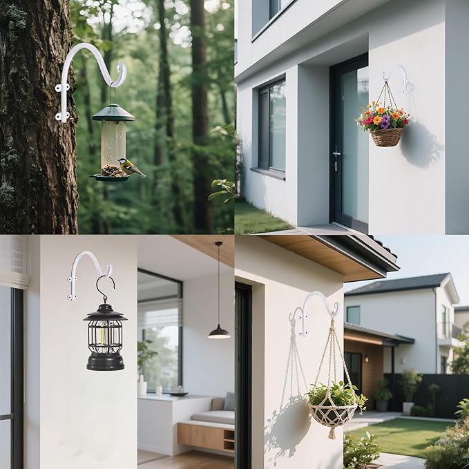 4 Pack 12Inch Plant Hanger, Sturdy Hanging Plant Bracket Hooks Outdoor, Bird Feeder Hanger for Bird Feeders, Planters, Lanterns, Wind Chimes Indoor Outdoor (White) Acteomsly