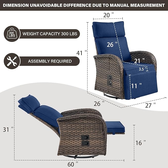Belord Dual-Adjust Outdoor Swivel Recliner Chair – Wicker Reclining Patio Chair with Adjustable Backrest and Footrest, All-Weather Wicker Chaise Lounge Chair Outdoor for Pool Deck (2.0) Belord