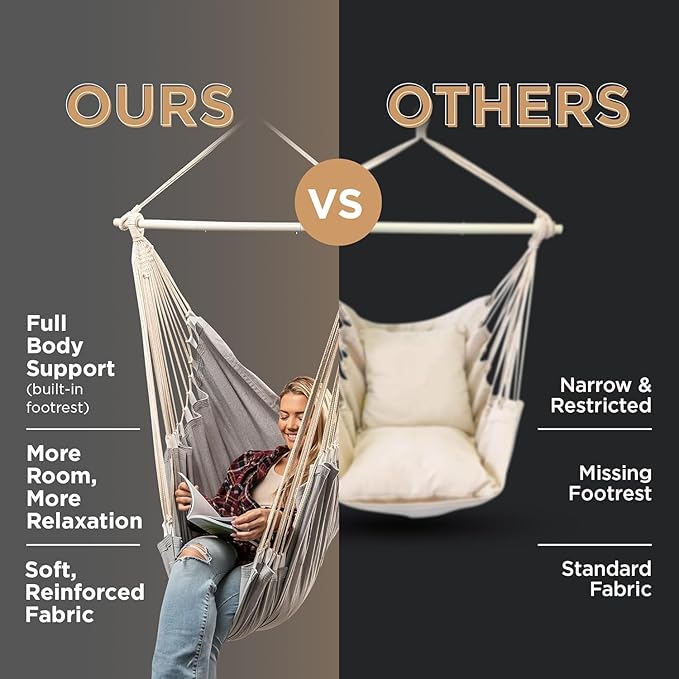 Hanging Hammock Chair Swing – Hanging Chair Outdoor & Indoor - Hammock Swing Chair – Quick & Easy Setup with Hardware Kit – Durable & Spacious Full Body Support with 2 Plush Cushions – Holds 440 Lbs EXTIRIO