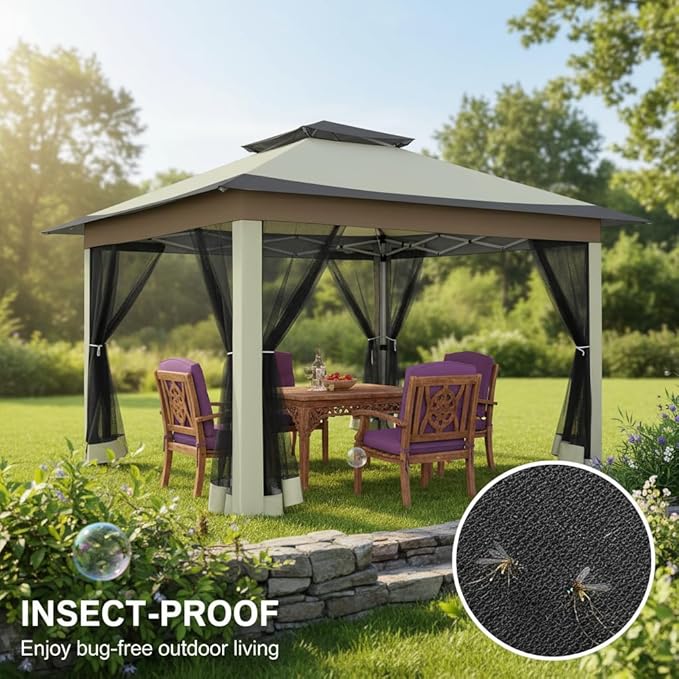 COBIZI 12x12 Pop up Gazebo on Clearance with Mosquito Netting & Sandbags, Outdoor Canopy Tent with 4 Ropes 8 Stakes & Portable Carrying Bag, Patio Portable Gazebo for Garden Backyard & Lawn, Beige COBIZI