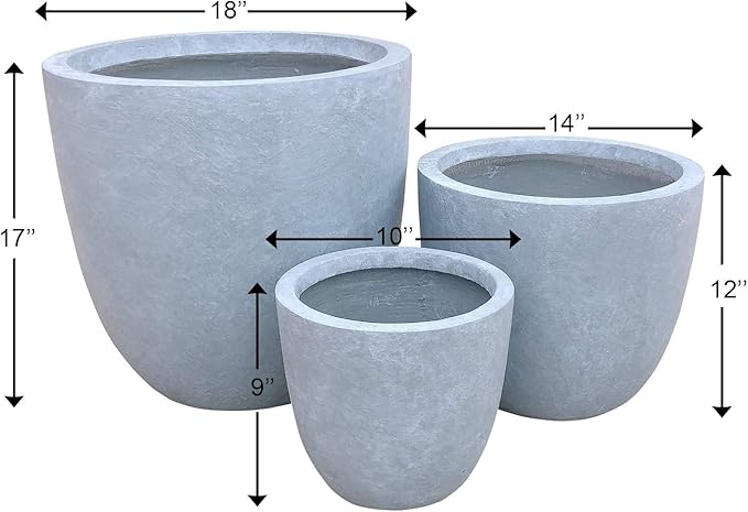 Kante 18",14",10" Dia Concrete Round Planters (Set of 3), Outdoor Indoor Large Planter Pots with Drainage Hole and Rubber Plug for Home Patio Garden, Slate Gray Kante