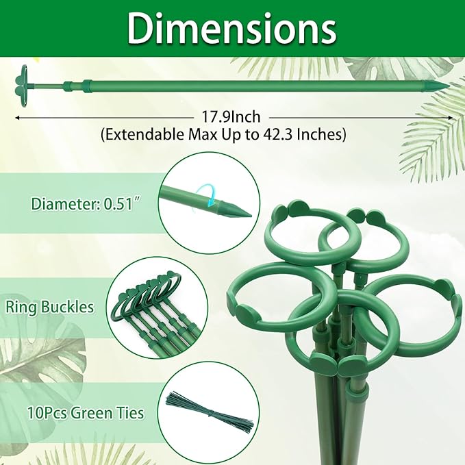 Extendable Plant Stakes, Length Scalable from 17.9IN to 42.3IN Plant Support Stake, Orchid Sticks with Clips for Indoor Outdoor,Garden Stakes for Plant,Tomato,Vegetables,Monstera,Vine - 5Pack BOVITRO