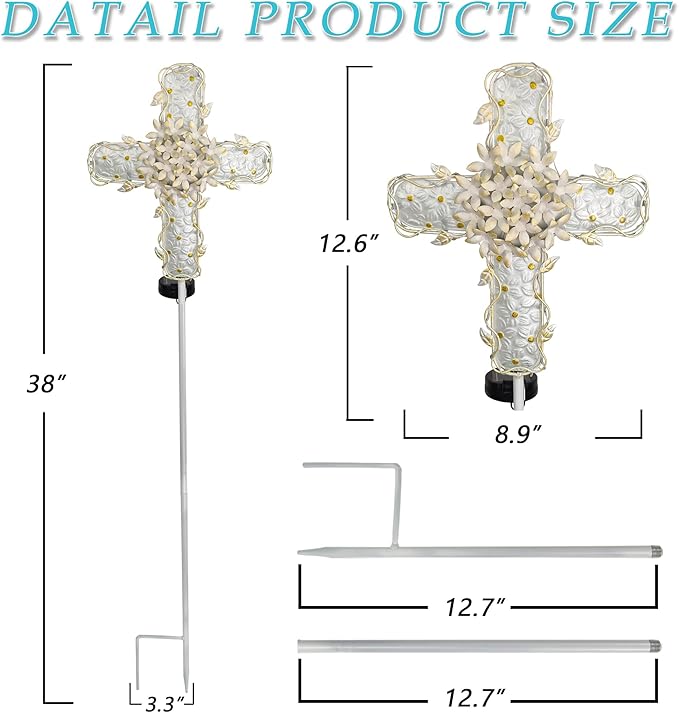 38Inch Solar Cross Garden Lights Outdoor Decorative - Solar Metal&Glass Cross White Hydrangea Flower Stake Lights- Waterproof 20 Warm White LED for Remembrance Gifts & Sympathy Gifts. COOZZYHOUR