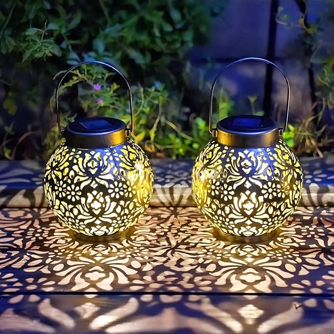 2 Pack Outdoor Solar Hanging Lantern Lights Metal LED Decorative Lamp for Garden Patio Courtyard Lawn and Table with Hollowed-Out Design (Antique Bronze) ExcMark