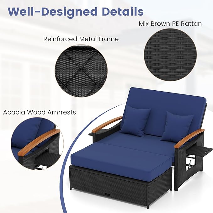 Tangkula Patio Rattan Daybed with 4-Level Adjustable Backrest, Outdoor Wicker Loveseat with Acacia Wood Armrest, Storage Ottoman & Folding Tray, Double Sunbed for Yard & Poolside (Navy & Black) TANGKULA