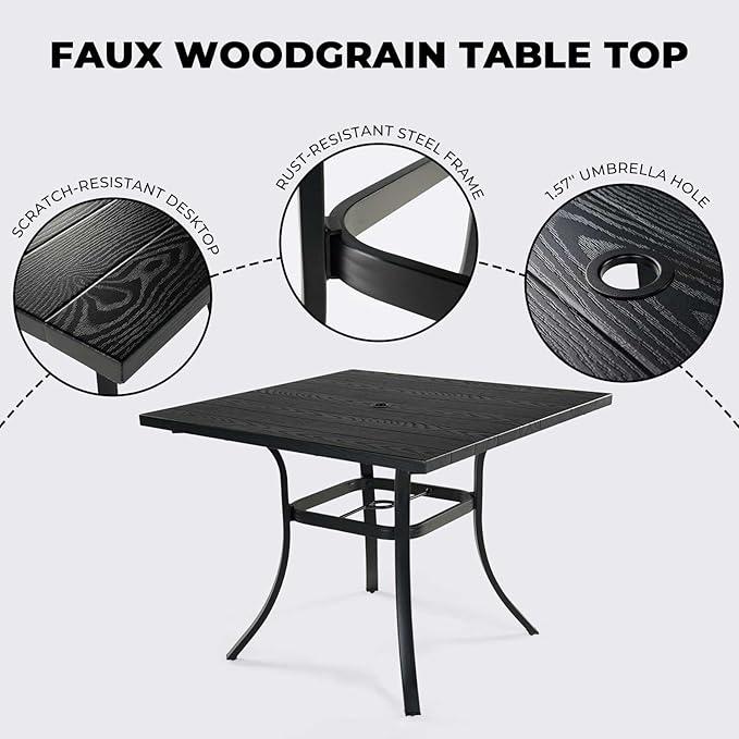 Grand patio 5-Piece Outdoor Dining Set, 4 Leather-Look Wicker Swivel Blue Patio Chairs & 1 Square Dining Table, Black GrandPatio