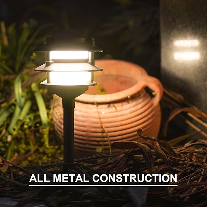 GOODSMANN Landscape Lighting 8PK Pathway Lights Low Voltage 2.2 Watt LED 12V AC Landscape Lights 30 Lumen Warm White with Cable Connectors Metal Stakes 9122-21102-08A GOODSMANN