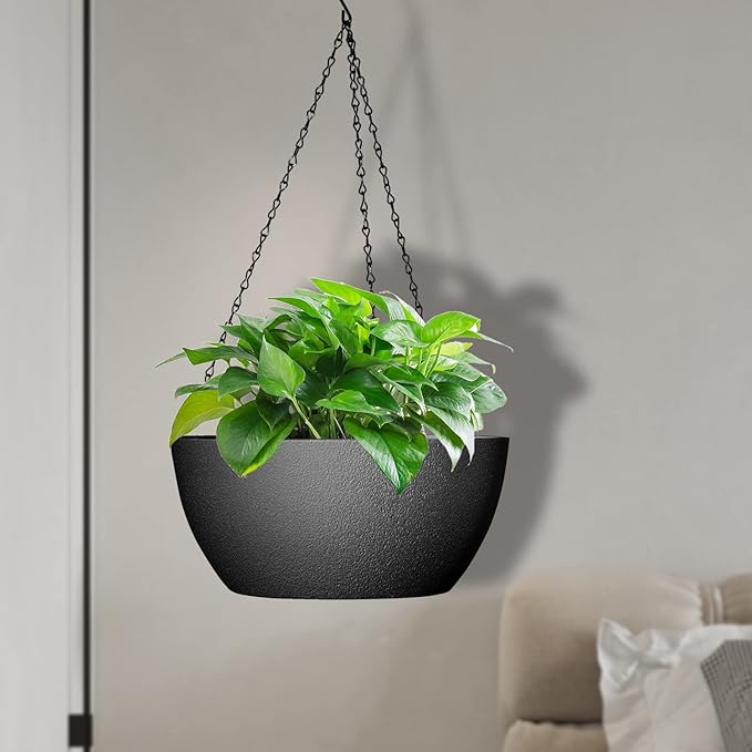 13 inch Large Hanging Planters Plant Pots for Outdoor Indoor Plants with Drainage Holes and Chain, 2 Pack Round Hanging Flower Pots for Garden Home Porch Decor, Black WSMKSZ
