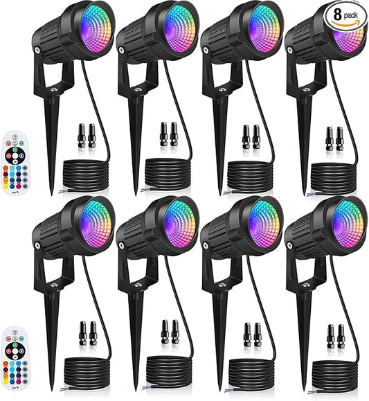 12W LED Landscape Lights Low Voltage, RGBW Color Changing 12V AC/DC Waterproof Outdoor Spotlights with Remote Control, IP65 Garden Pathway Lights with 8 Spike Stands for Christmas Decorative(8 Pack) Rootora