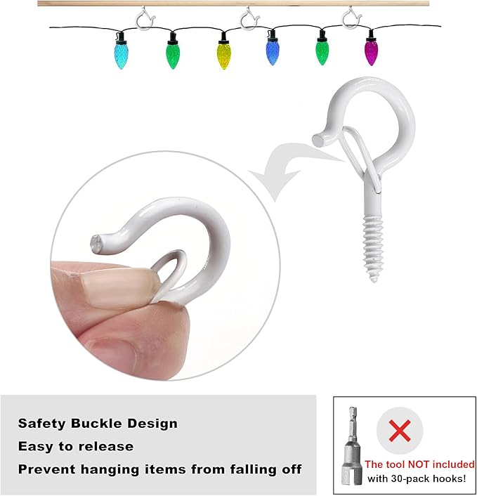 PlusRoc 30 Pack Ceiling Hooks for Hanging Plants Outdoor String Lights Heavy Duty, 2.2 Inch Eye Hook Screw in Cup Hooks Q-Hanger for Patio Lights, Wall Wood Fence Deck Mount(White) PlusRoc