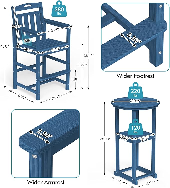 Ciokea 3-Pcs Bistro Table and Chairs, All-Weather Round High Top Bar Table with Storage Shelf and 2 Oversized Adirondack Chairs, Heavy Duty Outdoor Bar Patio Bistro Set for Balcony Deck, Navy Blue CIOKEA