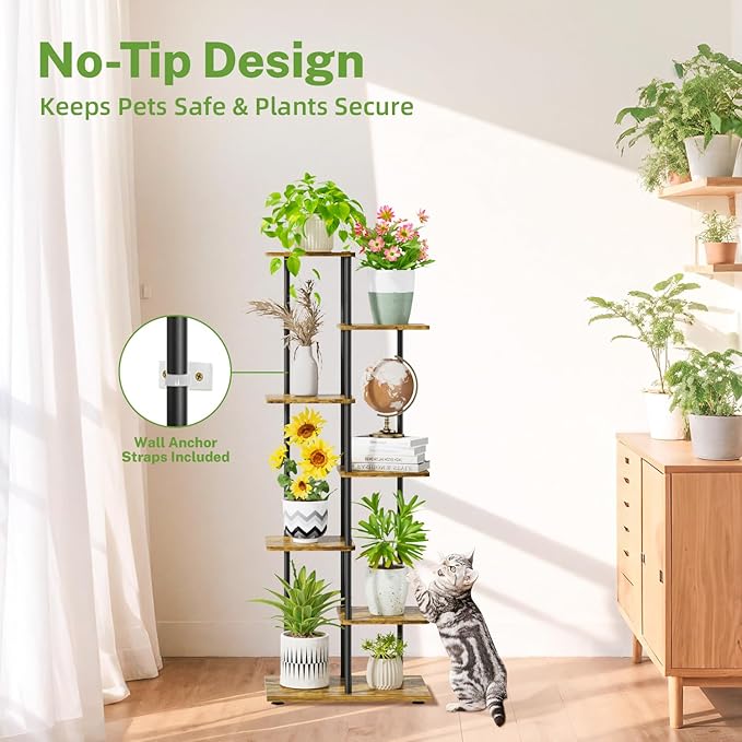 iDavosic.ly 6 Tier Tall Plant Stand Indoor, Tiered Corner Metal Wood Multiple Flower Holder Shelf, 50 Inch Orchid Display Rack for Patio Porch Living Room Balcony Outdoor, Modern Black & Rustic Brown iDavosicly