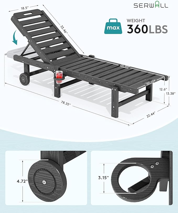 SERWALL Outdoor Chaise Lounge Chair, HDPE Patio Lounge Chair with Cup Holder, 5 Positions Adjustable Poly Lounger with Rolling Wheels for Poolside, Deck, Sunbathing, Grey SERWALL